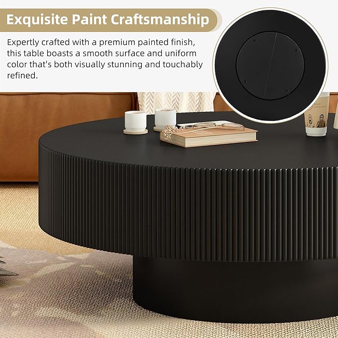 Merax Modern 35.4 Inch Round Large Coffee Table with Sturdy Base, Wood Center Table with 6.8" Thick Tabletop for Living Room Reception Room, Easy Assemble, Black