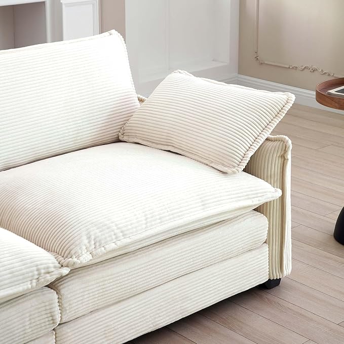 KEIKI 150" U-Shaped Oversized Corduroy Modular Sectional Sofa with 2 Ottoman, High-Density Foam Cushions, Removable Armrests, Upholstered 4-Seater Corner Couch with 6 Pillow, for Living Room, Beige