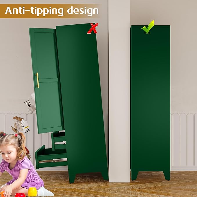 GAIOUS Steel Pantry Cabinet, 71" Metal Storage Cabinets with 2 Doors, 2 Adjustable Shelf and 2 Drawers, Freestanding Storage Cabinet for Bedroom, Kitchen, Home Office (Green)