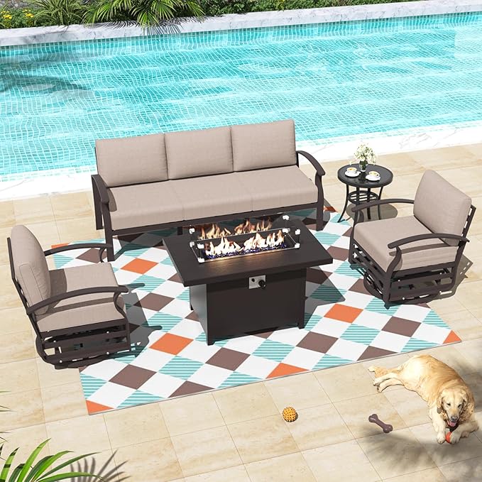 ALAULM Aluminum Patio Furniture Set with Propane Fire Pit Table 5-seat Metal Outdoor Furniture w/Fire Pit Patio Sectional Sofas w/5.1" Cushions for Patio, Backyard, Poolside-Sand