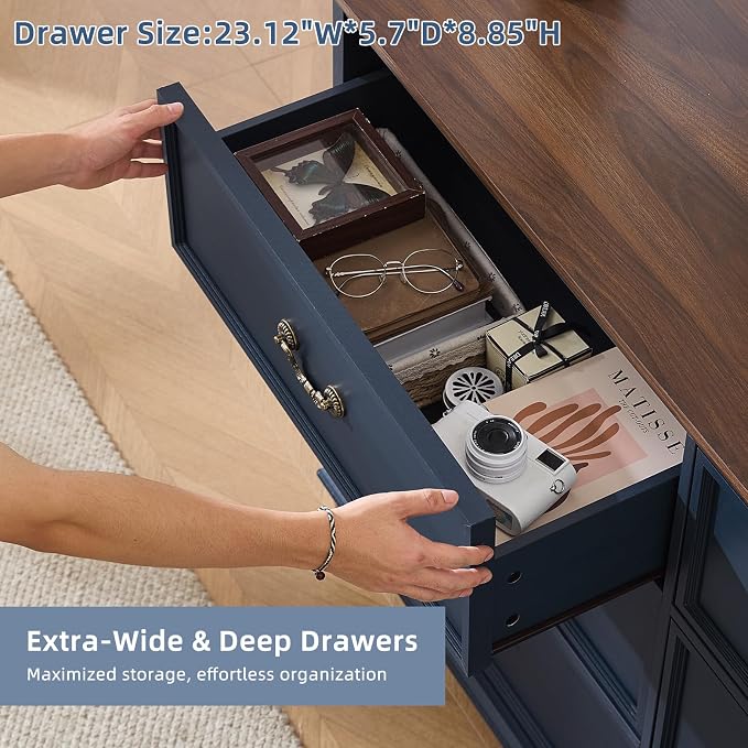 Joaxswe Farmhouse 6 Drawers Dresser for Bedroom, Vintage 54" Wide Chest of Drawers w/ 4 Wooden Legs, Rustic Large Closet Storage Dressers Organizer for Hallway, Wood TV Stand for Living Room, Blue - Image 5