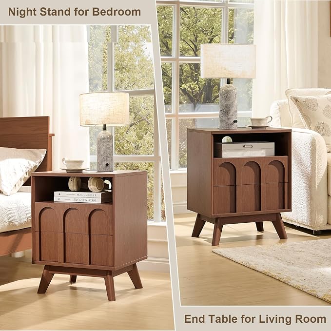 Oak&Sparrow Nightstand with Charging Station, Mid Century Modern Arched Bedside Table, 2 Drawer Wood End Table for Bedroom, Walnut - Image 6
