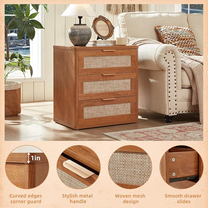 LEYAOYAO Rattan Night Stand with Drawers, 23" Large 3 Drawer Boho Nightstand, Natural Wood Bedside Table Storage Cabinet, Bed Side End Tables Dresser for Bedroom, Living Room, Hallway, Closet - Image 9