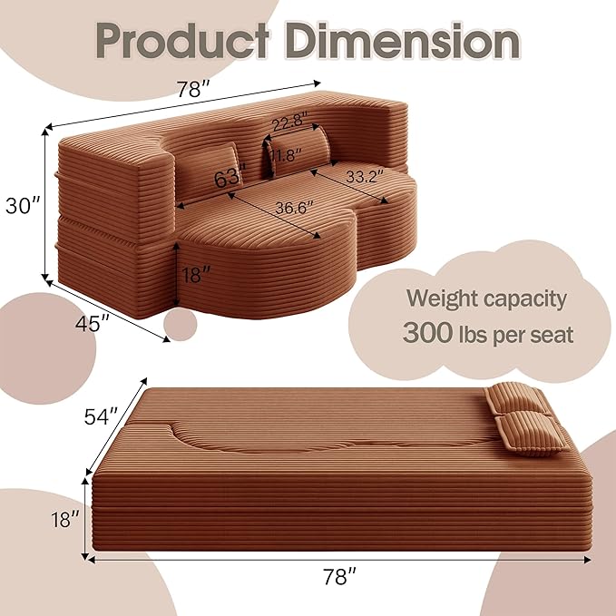78" Convertible Sofa Bed, 2-in-1 Folding Floor Couch with 2 Pillows, Sleeper Sofa for Living Room and Bedroom, No Assembly Required (Orange, Corduroy Fabric)