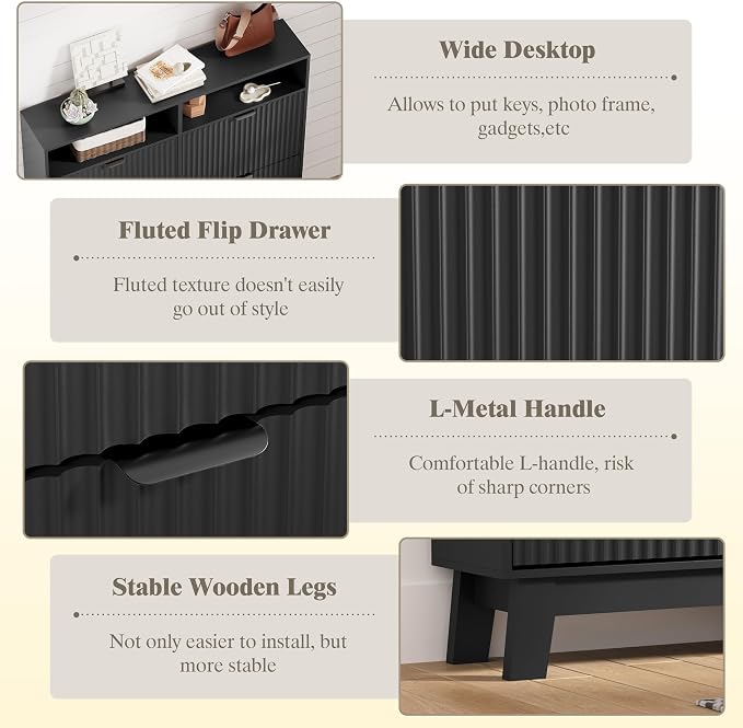 Shoe Cabinet Storage for Entryway with 4 Flip Drawers, Fluted Narrow Shoe Organizer with Wooden Legs & Top Cubby, Freestanding Slim Shoe Storage Hidden Shoe Rack for Front Door Entrance, Black - Image 5
