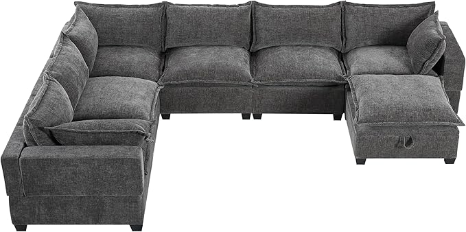 Merax Modern Oversized U-Shaped Sectional Sofa with Piollows & Chaise Lounge, Chenille 7-Seat Couch Set Sleeper Bed with Storage Ottoman for Living Room Gray