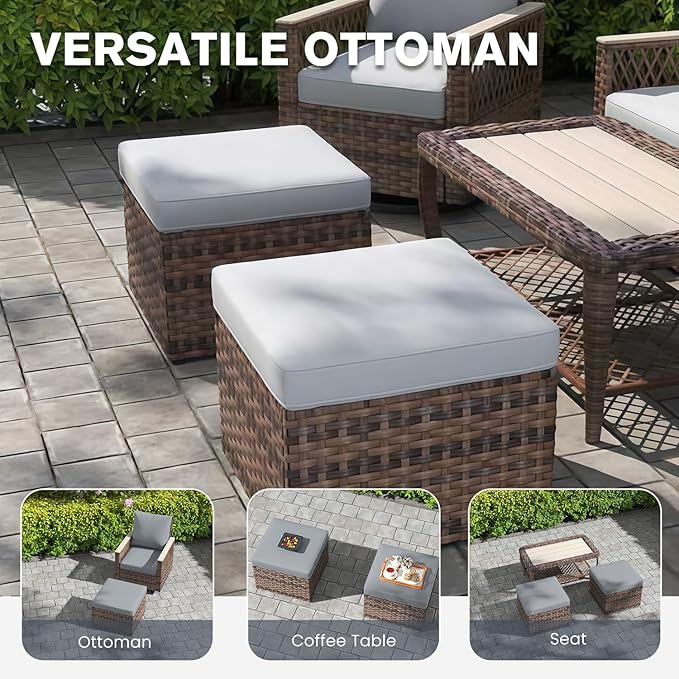 MELLCOM 8 Pieces Patio Furniture Set, Outdoor Wicker Chairs with Ottomans, 3-Seat Sofa & Dining Table, All-Weather Conversation Set with Water-Resistant Cushions & High Back for Garden, Backyard
