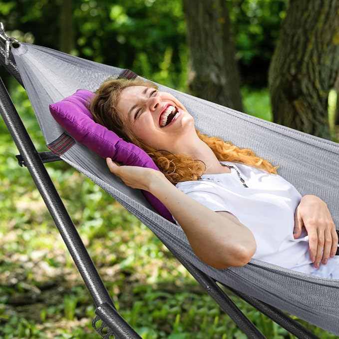 Tranquillo Universal Double Hammock with Stand Included for 2 Persons/Foldable Hammock Stand 600 lbs Capacity Portable Case - Inhouse, Outdoor, Camping, Grey - Image 2