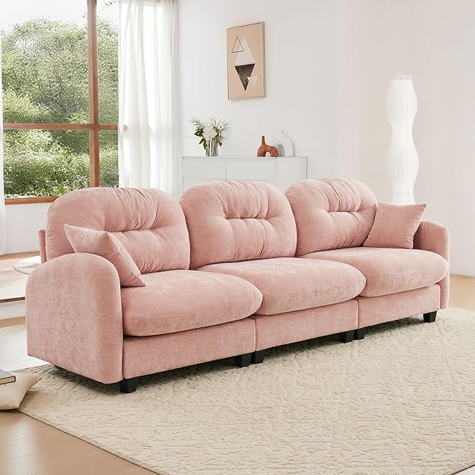 KEIKI 107" Oversized Chenille Modular Sectional Sofa with High-Density Foam Cushion and Tufted Pleated Cushion Backrest, Upholstered Modern 3-Seater Cloud Couch with 2 Pillow, for Living Room, Pink