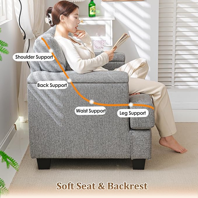 Oversized Living Room Chairs Set of 2,Comfy Accent Chair with Armrest Organizer,Upholstered Armchair Thick Cushion,Big Reading Chair,Sofa Chair for Bedroom,Linen,Dark Gray