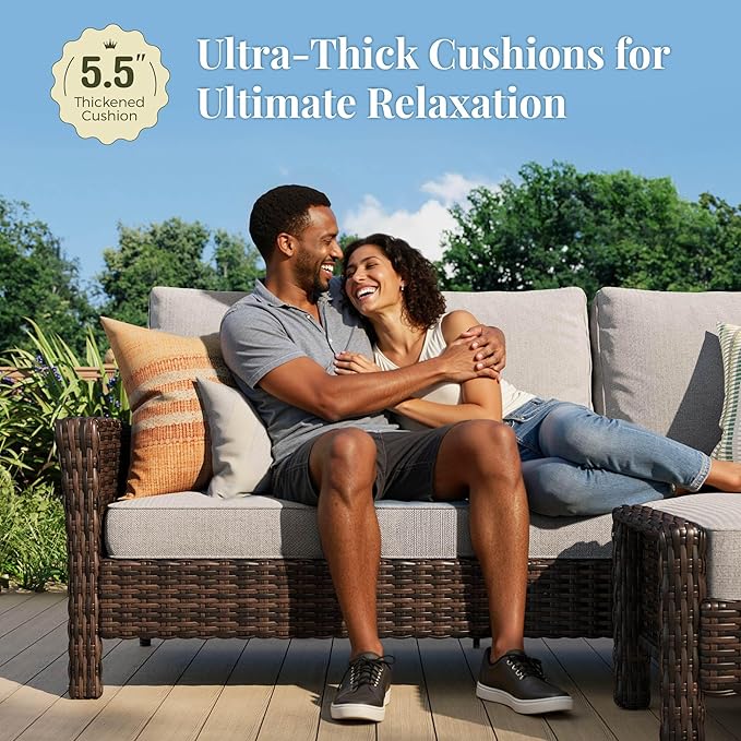 5-Piece Wicker Patio Furniture Set with Swivel Chairs, High Back Outdoor Furniture with 5.5-inch Thick Cushion and Ottoman, All-Weather Wicker Patio Conversation Set for Deck Yard Pool, Grey