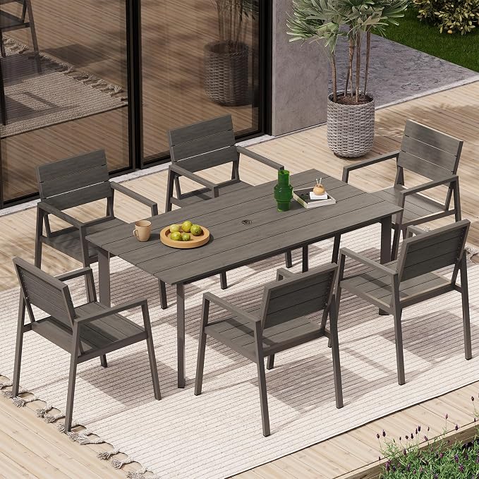 67" Rectangle HDPS Patio Dining Table, Aluminum Outdoor Patio Dining Table with Umbrella Hole, Weather-Resistant for Lawn, Garden, Yard, Poolside and Indoor Use (Gray & Teak) - Image 6