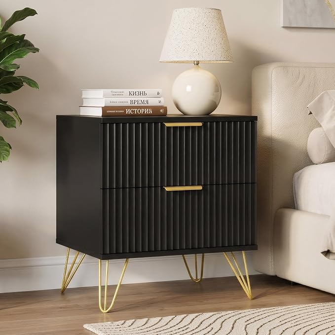 Black Fluted Nightstand Set of 2, Modern Bedside Table with 2 Drawers and Gold Legs, 19.7’’ Night Stand Wood End Table for Bedroom - Image 3