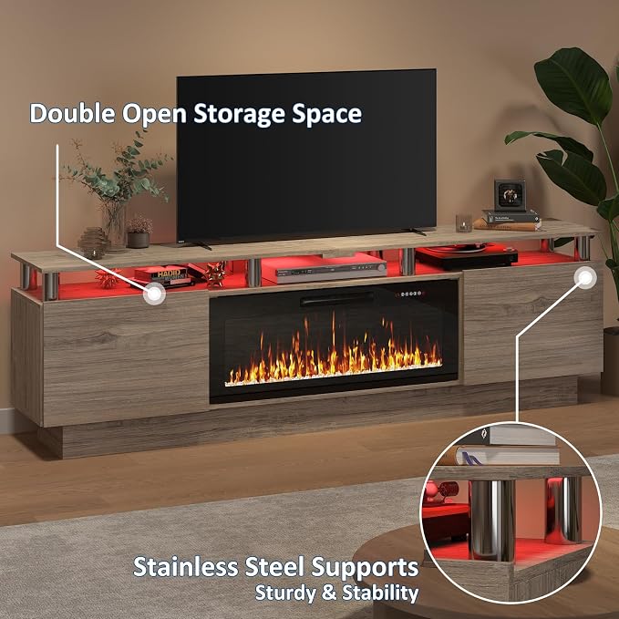 PUKAMI 80" Fireplace TV Stand with 36" Electric Fireplace, LED Light Entertainment Center with Storage, 2 Tier Modern Wood Media TV Console with Highlight Cabinet for Living Room, Grey - Image 2