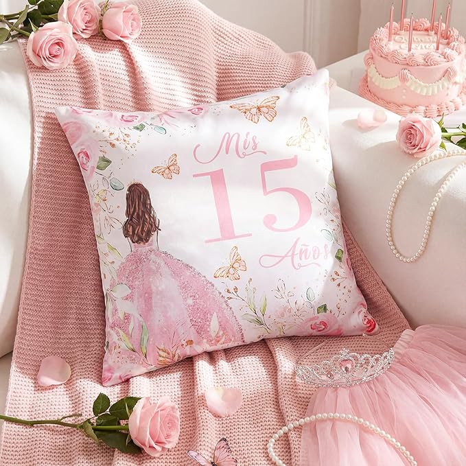 Kathfly Cojines para 15 Años De Quinceañera Decoration 16 x 16 Inche Pink Quinceañera Pillow Gifts Mis Xv Años Throw Pillow Sweet for Daughter Sister Friend 15th Birthday Gifts