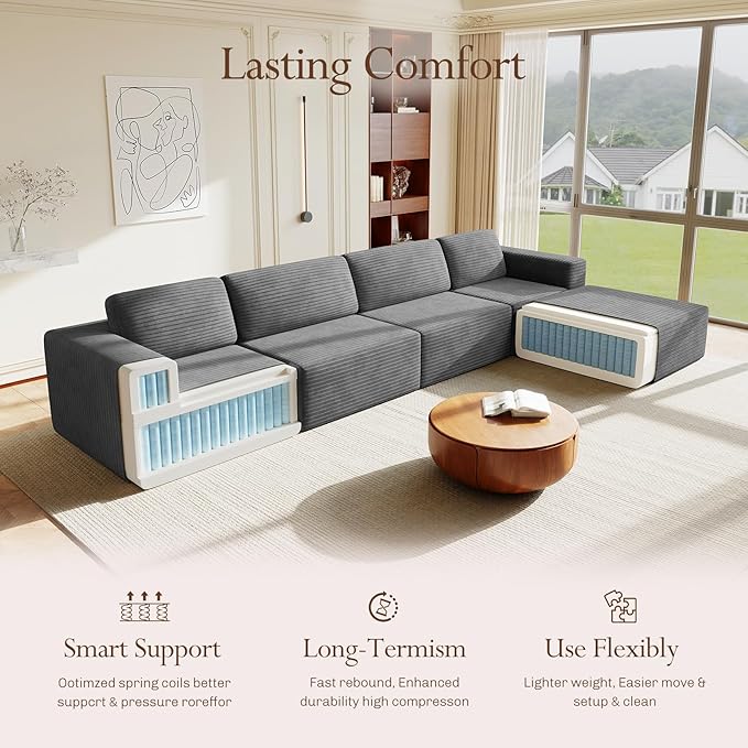 Vesgantti 159" Large Modular Sectional Sofa, L-Shaped Corduroy Cloud Couch with Deep Seats & Spring Support, 4-Seater Boneless Sofa with Movable Ottoman, No Assembly Needed, Grey