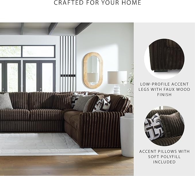 Signature Design by Ashley Midnight-Madness Casual U-Shaped Anti Sag 4-Piece Sectional with Chaise, Reversible Seat Cushions and 9 Accent Pillows, Dark Brown