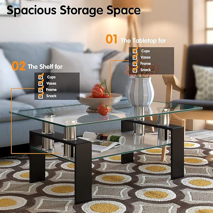 39.4'' Rectangle Glass Coffee Table, Black Coffee Table with Tempered Glass & Metal Legs, 2-Tier Modern Center Table with Storage Shelf, Clear Glass Coffee Tables for Living Room, Apartment, Office