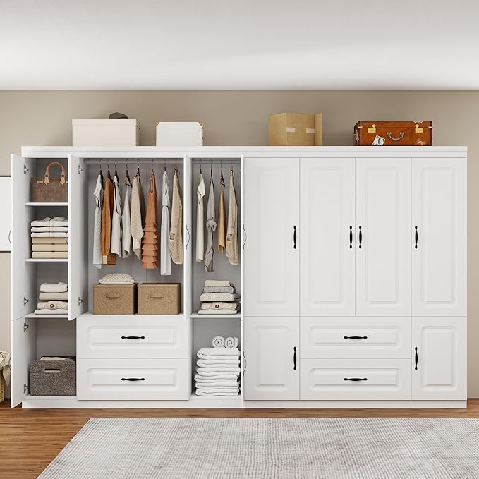 Armoire Wardrobe Closet with 2 Doors, White Cabinet with 2 Drawers and Clothes Storage Organizer, Modern Style with Hanging Rod Shleves Suitable for Bedroom(61.42" W x 20.47" D x 74" H)