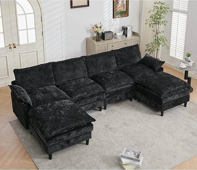121-Inch U-Shaped Sectional Cloud Sofa Oversized Modular 6 Seaters Sofa Couch with 2 Ottoman Chaise and Pillow Armrest, Chenille Upholstered Convertible Cloud Couch