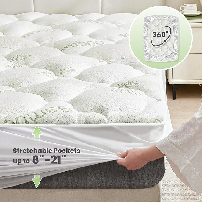 BDEUS Queen Mattress Topper Extra Thick 1000 GSM Down Alternative Fill Mattress Pad, Ultra Soft Cooling Mattress Protector Cover with 21" Deep Pocket for Back Pain Relief