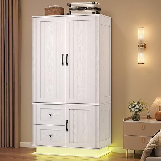 LIKIMIO Farmhouse Wardrobe Closet with Doors, 70" Bedroom Armoires with LED Lights and Hanging Rod, Wooden Large Wardrobe Cabinet with 2 Drawers and 1 Cabinet, Classic White