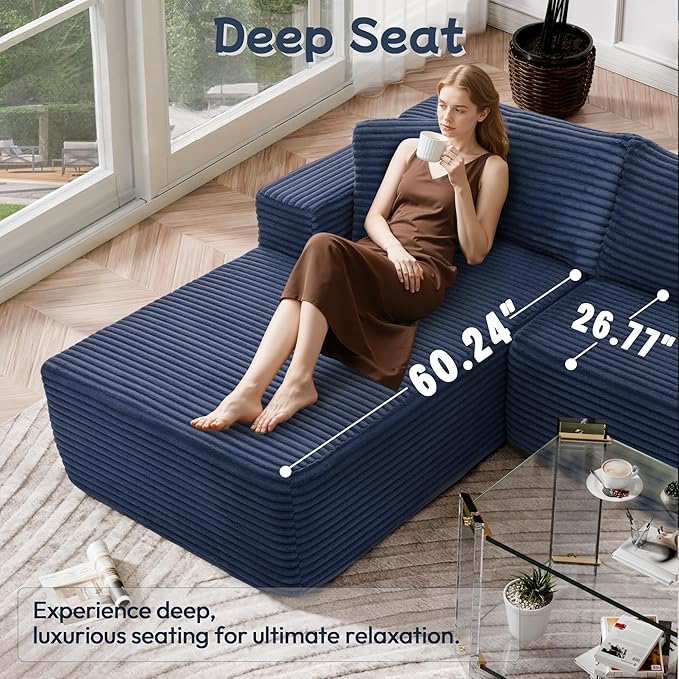 Cloud Sectional Couch, 105” Fluffy Modular L-Shape Sofa with Right Chaise Lounge, Modular Sectional Sofa in a Box, Boneless Couch for Living Room, No Assembly Required, Flannel Blue