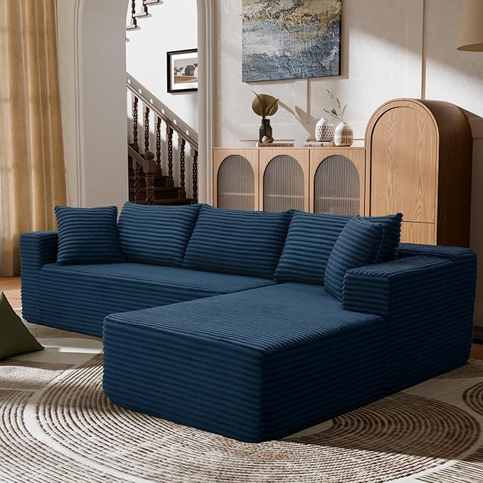 106" Modular Sectional Sofa, Blue Corduroy Cloud Couch with Left Chaise, Deep Seat Boneless Floor Sofa for Living Room, High-Resilience Foam Support, No Assembly Required, Includes Pillows | Sectional Sofa, Corduroy Cloud, Boneless, High-Resilience, No...