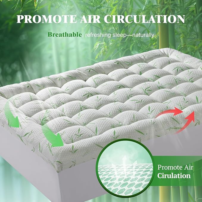 3 Inch Mattress Topper - Viscose Made from Bambu,Cooling Soft Pillow Top Mattress Pad Cover for Back Pain,Mattress Protector with 8-21 Inch Deep Pocket (Queen,60"x80")