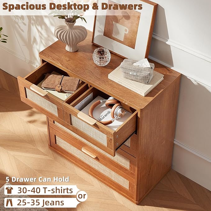 LEYAOYAO Rattan Dresser for Bedroom, 33.5" Tall Chest of Drawers, Modern 5 Drawers Boho Dressers with Storage, Vintage Brown Dresser Wooden Closet Organizer for Living Room, Hallway - Image 5