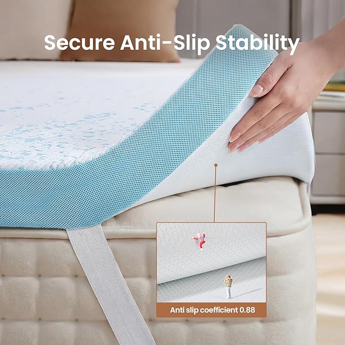 OhGeni Memory Foam Mattress Topper Pad, Soft Bed Cover with Anti-Slip Base, Size Queen, Style 2 Inch with Cover and Straps