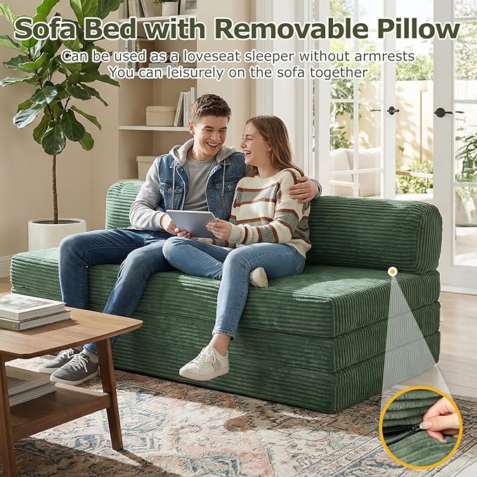 5-in-1 Convertible Sofa Bed, Boneless Loveseat Sleeper with Removable Cushions & Washable Cover, Futon Sofa Bed with Handle, Pull Out Couch for Small Spaces, Queen Size, Green