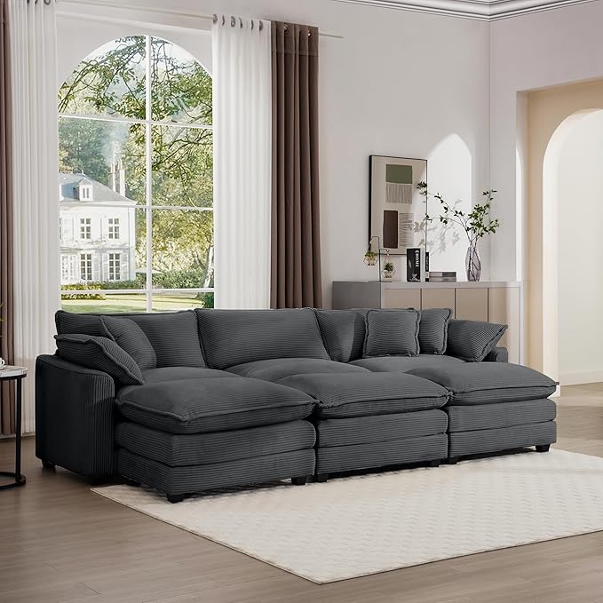 KEIKI 115" Oversized Corduroy Modular Sectional Sofa with 3 Ottoman, High-Density Foam Cushions, Removable Armrests, Upholstered 3-Seater Fluffy Corner Couch with 5 Pillow, for Living Room, Grey