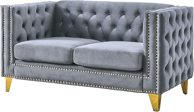 KEIKI Tufted Velvet 2 Seat Sofa Couch for Living Room, Buttons Tufted Square Arm Couch for Home Apartment, Gray