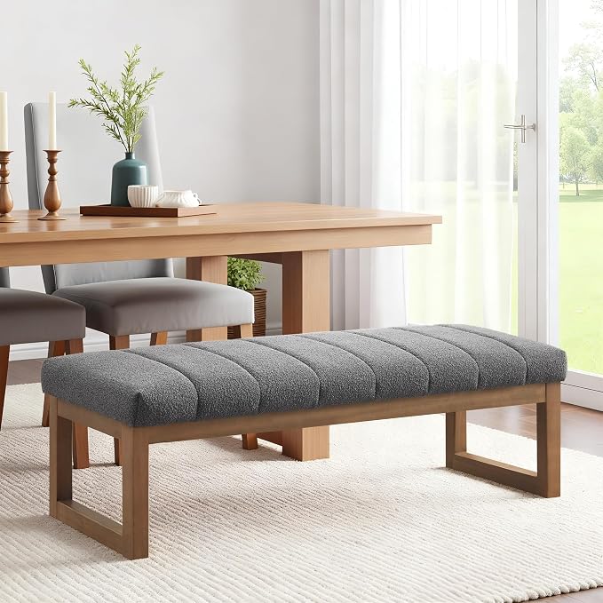Zihanhome 52.7" Bedroom Bench for End of Bed, Modern Upholstered Teddy Fabric Entryway Bench & Dining Bench, Footrest Stool Bench with Solid Wood Frame for Bedroom, Living Room (Grey) by Zihanhome