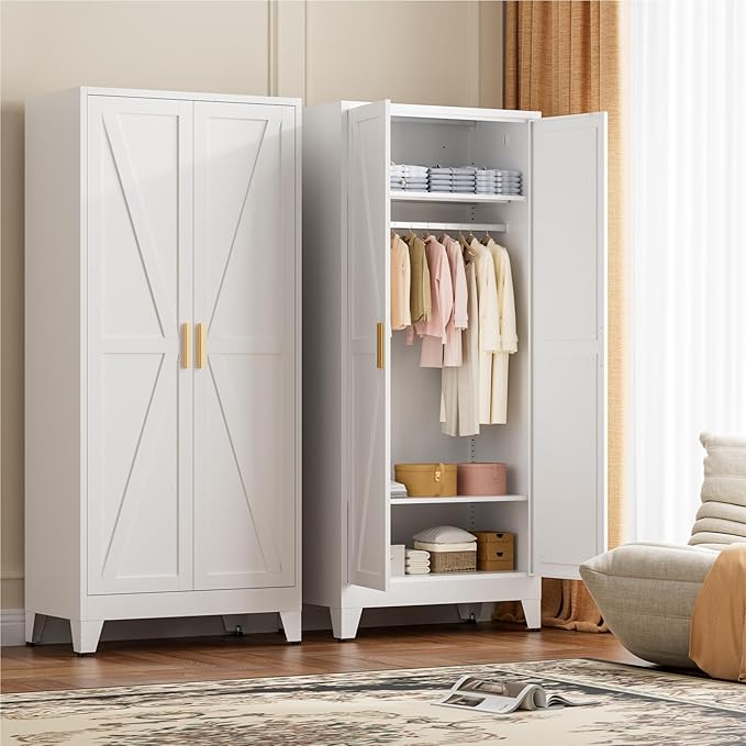 LCAOPC 71" Tall Metal Wardrobe Closet with Adjustable Shelves and Hanging Rod, 2 Doors Free Standing Armoire Wardrobe Cabinet for Bedroom, Office, Laundry Room, White