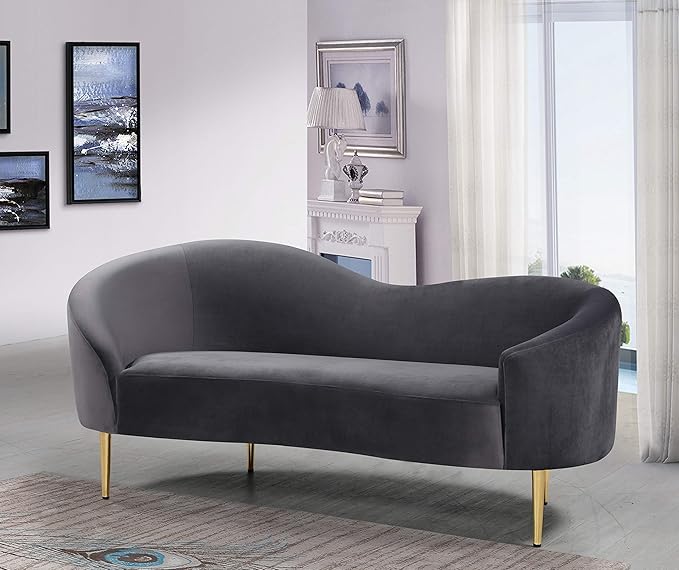 Meridian Furniture Ritz Collection Modern | Contemporary Velvet Upholstered Loveseat with Sturdy Metal Legs in Rich Gold Finish, Grey, 67" W x 31.75" D x 30.5" H