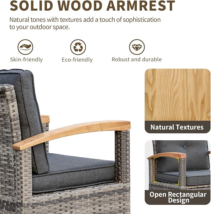 MEISSALIVVE 8 Pieces Patio Furniture Sets, PE Wicker Outdoor Conversation Sets with 2 Wood Armrests Swivel Rocker Chairs, 2 Ottomans, 2 Sofas and Coffee Table(Grey)