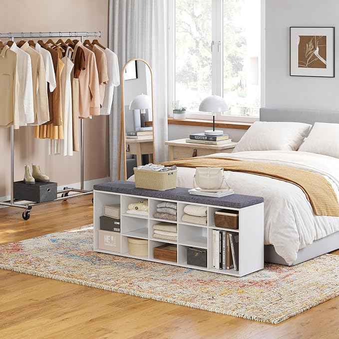 DINZI LVJ Shoe Storage Bench with Cushion, 13-Cubby Shoe Rack, Adjustable Shelves, Multifunctional Shoe Organizer Bench for Entryway, Mudroom, Hallway, Living Room, Bedroom and Garage, White - Image 9
