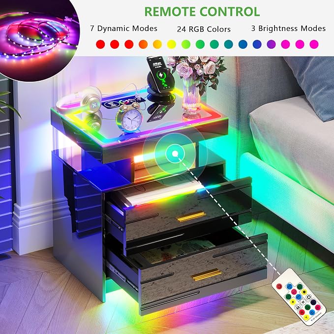 HNEBC RGB Nightstand with Wireless Charging Station, LED Night Stand with Motion Sensor Lights, Smart Bedside Table with Changing Strip Lights with Remote,High Gloss Side Table/Glass Top (Black) - Image 3