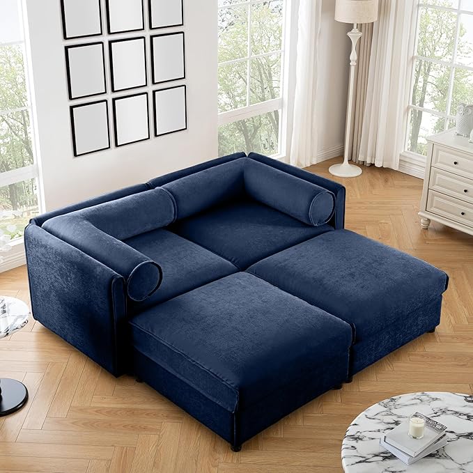 KEIKI 76" Modular Loveseat Chenille Sectional Sofa with Storage Seat and 2 Ottoman, Modern 2-Seater Couch with Cylindrical Backrest and Armrests, Easy Assembly, for Apartment, Living Room, Blue