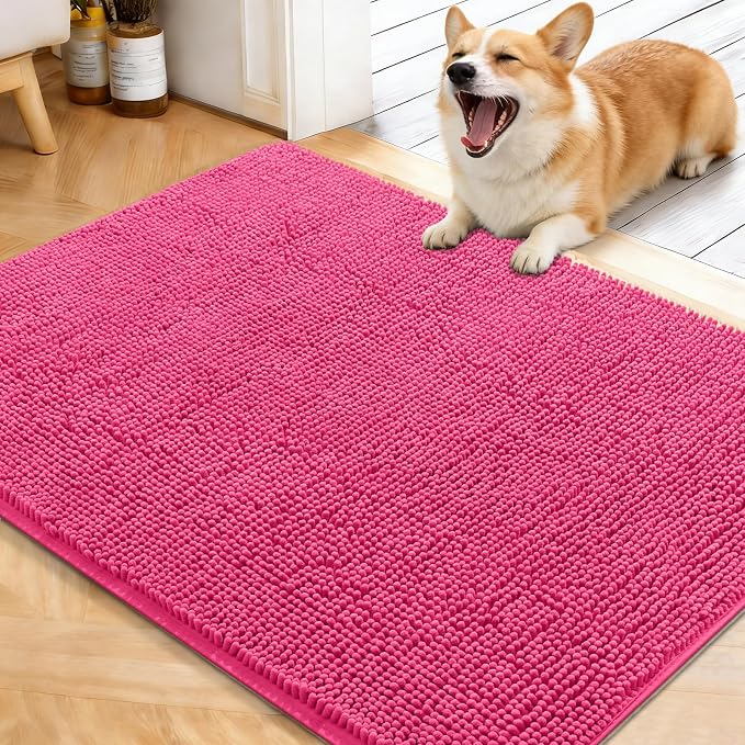 OLANLY Dog Door Mat for Muddy Paws 40x32, Absorbs Moisture and Dirt, Absorbent Non-Slip Washable Doormat, Quick Dry Chenille Mud Mat for Dogs, Entry Indoor Entryway Carpet for Inside Floor, Hot Pink by OLANLY