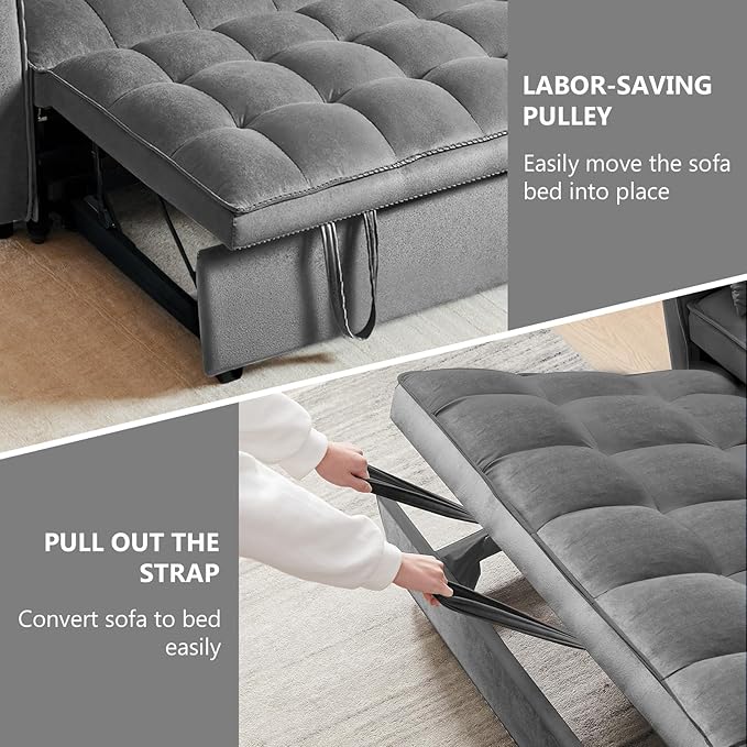 3 in 1 Sleeper Sofa Bed, Pull Out Couch, Convertible Futon Loveseat with krest, Dinotefuran Living Room Chaise Lounr Home Apartment Office, Dark Grey