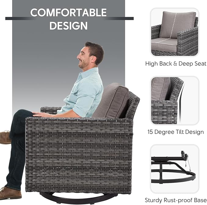 7 Piece Wicker Patio Furniture Set - Outdoor Swivel Rocker Chairs Set with Coffee Table, Side Table, 3 Seat Sofa & Ottomans, Small Patio Conversation Sets for Balcony Deck - Grey/Grey