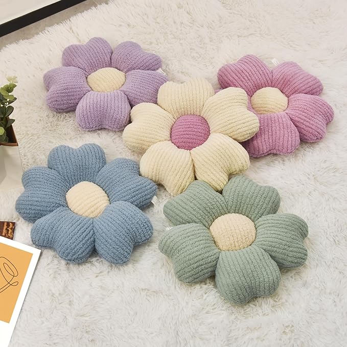 2 Pcs Blue Decorative Throw Pillows, 15'' Cute Daisy Flower Shaped Pillow Floor Seating Cushion for Bed Couch Bedroom Room Dorm Decor (Blue & Ivory)