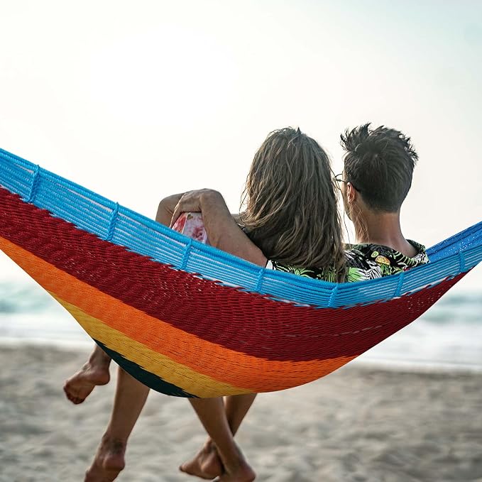 Lazy Daze Hammocks Handwoven Mayan Hammock, 10.5 FT Soft Rope Double Hammocks, Portable Outdoor Hammock with Carry Bag, 2 Straps & Carabiners for Patio Outside, 550 lbs Weight Capacity, Rainbow - Image 6
