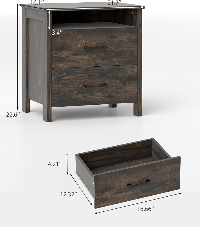 Farmhouse Nightstand, Rustic Nightstand with 2 Large Drawers, Wood End Table with Open Shelf, Bedside Table for Bedroom, Dark Brown - Image 2