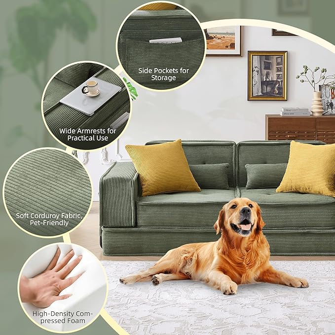 Modular Sofa Bed, No Assembly Required Sectional Couch for Living Room, Compressed Cloud Couch with Corduroy Fabric & Lumbar Pillows, Small Space Furniture Green