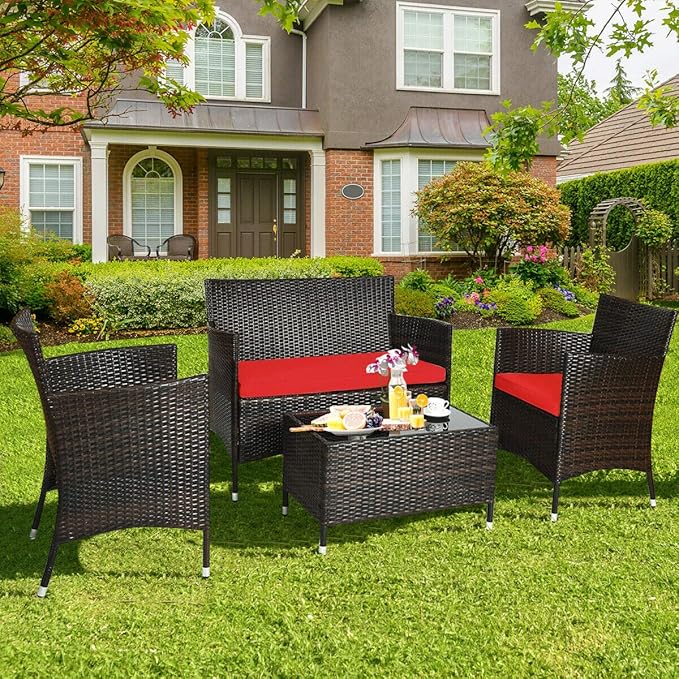 HAPPYGRILL 4PCS Patio Furniture Set Outdoor Rattan Wicker Conversation Set with Cushioned Sofa and Coffee Table for Porch Backyard Garden Poolside