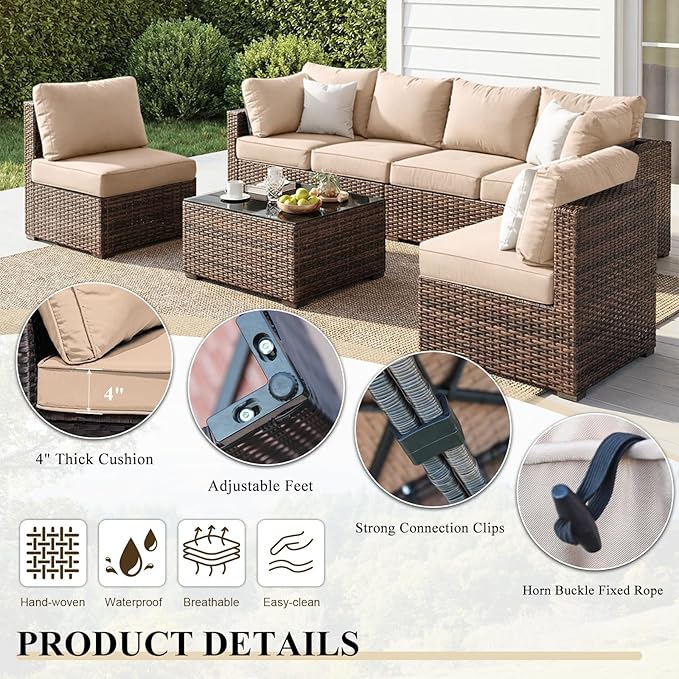 5 Piece Patio Furniture Set All Weather PE Rattan Outdoor Sectional Sofa Couch with No-Slip Cushions and Glass Top Table for Garden, Poolside, Backyard (Beige)